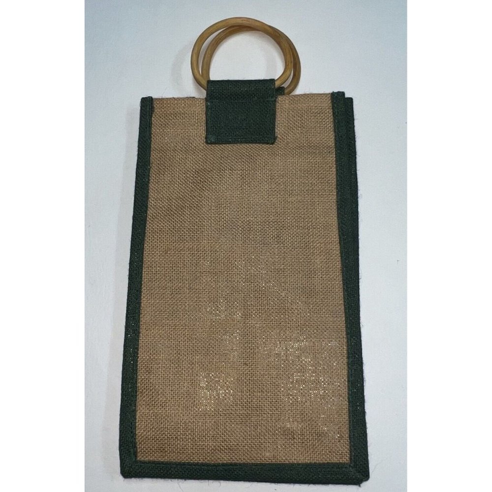 Burlap Wine Tote Gift Bag Carrier 2 Bottle Bamboo Handles Tan Green